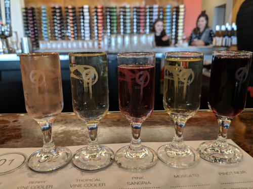 Five small glasses of colorful drinks lined up on a bar, with two people in the background.