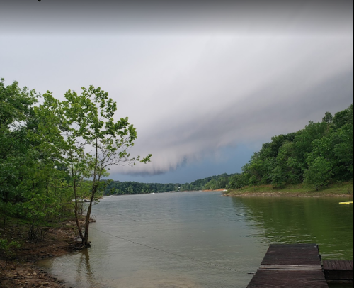 A serene lake scene with a cloudy sky, green trees, and a wooden dock along the water's edge.