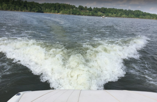 A boat's wake creates a V-shaped pattern on the water, surrounded by green trees and a cloudy sky.