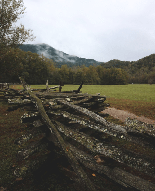 A rustic wooden fence lines a grassy field, with misty mountains and overcast skies in the background.
