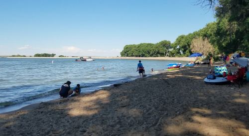 A sandy beach with people enjoying the water, boats in the distance, and trees lining the shore under a clear blue sky.