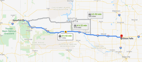 Map showing routes from Spearfish to Sioux Falls, South Dakota, with distances and estimated travel times.