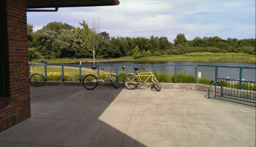 Two yellow bicycles parked on a concrete patio overlooking a serene pond and lush greenery.