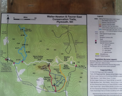 Map of Walter-Newton & Fauver East Conservation Trails in Plymouth, NH, showing trails, elevations, and key features.