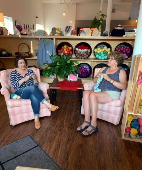 Two women sit in pink chairs, knitting in a cozy yarn shop filled with colorful yarn and plants.