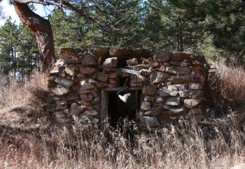 A small, weathered stone structure partially hidden by tall grass and surrounded by trees in a natural setting.