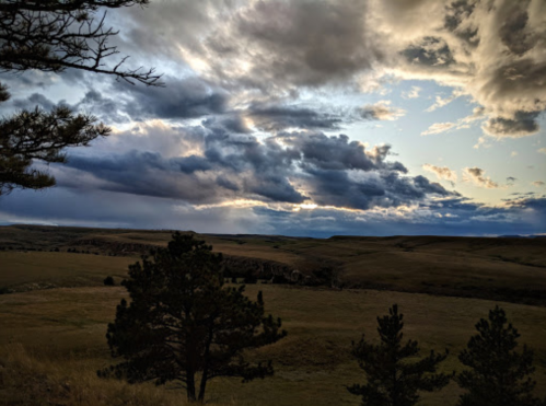 A scenic view of rolling hills under a dramatic sky filled with clouds, framed by trees in the foreground.