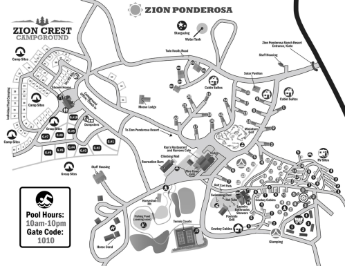 Map of Zion Crest Campground and Zion Ponderosa, showing camp sites, amenities, and pool hours. Gate code: 1010.