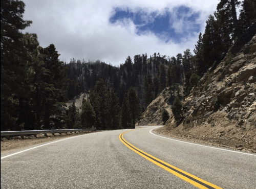 Winding road through a mountainous area, surrounded by tall trees and rocky terrain under a cloudy sky.