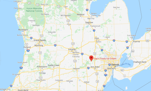 Map of Michigan highlighting the location of Cap'n Frosty Ice Cream near Ann Arbor.