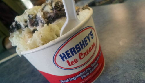A cup of Hershey's ice cream topped with cookie pieces, sitting on a blue table.