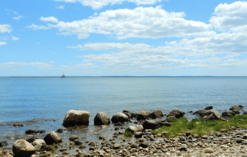 A serene coastal scene with smooth rocks, green grass, and a sailboat on calm waters under a blue sky with clouds.