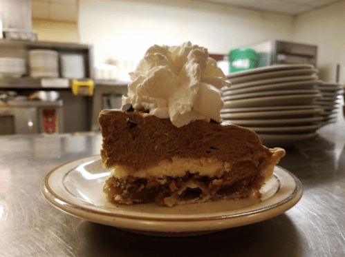 A slice of chocolate cream pie topped with whipped cream, served on a plate with stacked dishes in the background.