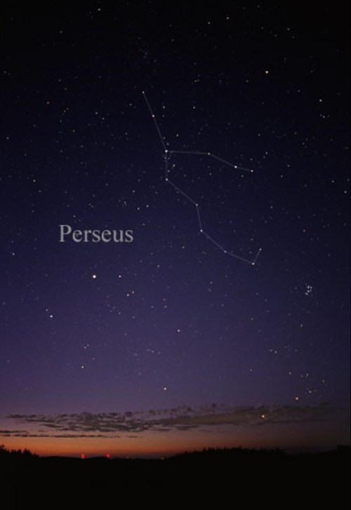 Night sky featuring the constellation Perseus, with stars connected by lines and a gradient sunset in the background.