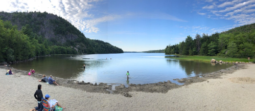 A serene lake surrounded by trees, with people relaxing on the beach and swimming in the water under a blue sky.