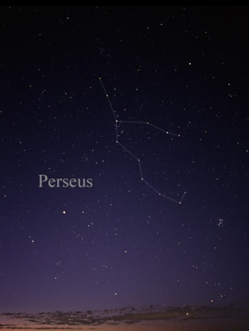 The constellation Perseus is depicted in a starry night sky, labeled with its name.