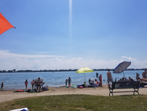 A sunny beach scene with people enjoying the water, colorful umbrellas, and a clear blue sky.
