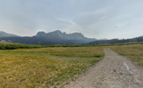 A wide, grassy landscape with a dirt path leading towards distant mountains under a hazy sky.