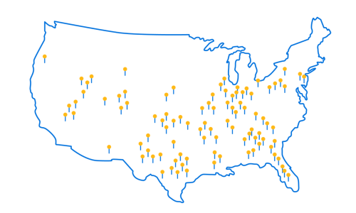 Map of the United States with yellow markers indicating various locations across the country.