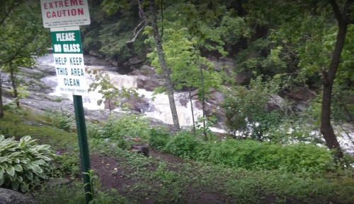 A lush green area with a waterfall, featuring signs about caution and keeping the area clean.