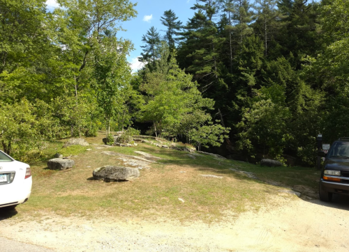 A grassy area surrounded by trees and rocks, with parked cars on the left and right sides.