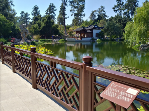 A serene garden scene featuring a pond, lush greenery, and a traditional building, with a wooden railing in the foreground.