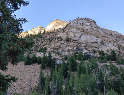 A rocky mountain slope with trees in the foreground and sunlight illuminating the peak.