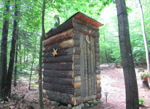 A rustic wooden outhouse surrounded by trees in a forested area.