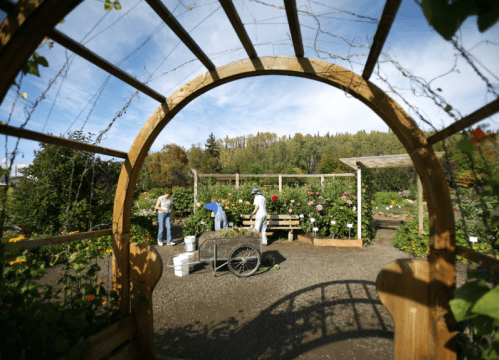 A wooden arch frames a garden scene with people tending to flowers and a cart in a lush, green landscape.