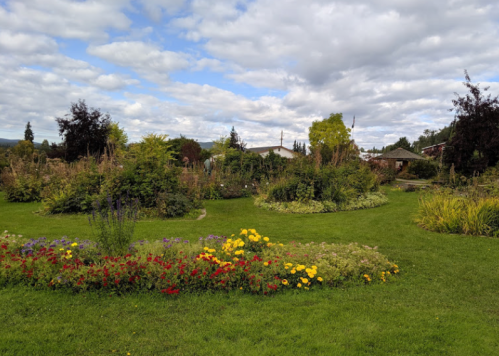 A vibrant garden with colorful flowers, lush greenery, and a cloudy sky in the background.