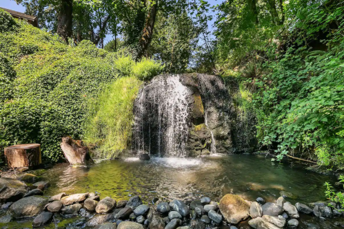 A serene waterfall cascades over rocks into a calm pool, surrounded by lush greenery and smooth stones.