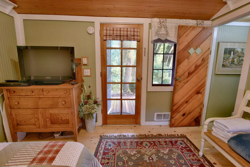 Cozy room with a wooden dresser, TV, and a door leading to a forest view, featuring warm green walls and rustic decor.