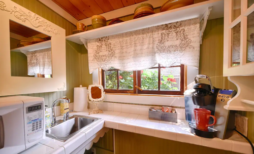 Cozy kitchen corner with a sink, microwave, coffee maker, and decorative window treatments. Green walls and wooden accents.