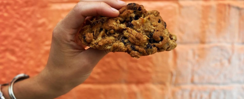 A hand holding a large, chunky cookie against an orange textured background.