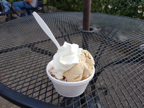 A cup of ice cream topped with whipped cream, sitting on a black metal table outdoors.