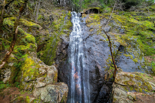 A serene waterfall cascading over moss-covered rocks in a lush green forest.