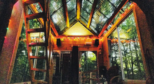 Cozy interior of a cabin with wooden beams, colorful lights, and large windows showcasing greenery outside.