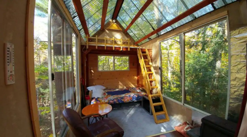 Cozy cabin interior with a bed, wooden ladder, and large windows overlooking a forested area.