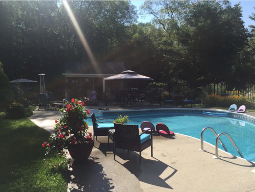 A sunny backyard with a pool, lounge chairs, and vibrant flowers, surrounded by trees and a patio area.