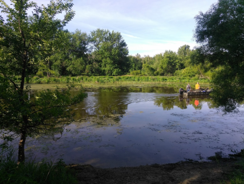 A serene pond surrounded by greenery, with two people fishing from a small boat.
