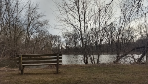 A wooden bench by a calm river, surrounded by bare trees and a cloudy sky.