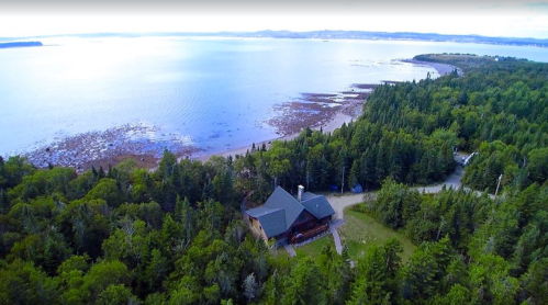 Aerial view of a coastal landscape with a house surrounded by trees, overlooking a calm sea and rocky shore.