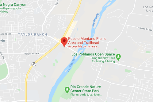 Map showing the location of Pueblo Montano Picnic Area and Trailhead near the Rio Grande and Los Poblanos Open Space.