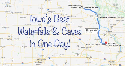 Map highlighting a route in Iowa for visiting waterfalls and caves in one day, with key locations marked.
