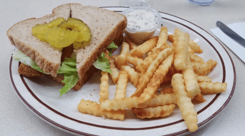 A plate with a sandwich made of whole grain bread, lettuce, pickles, and a side of crinkle-cut fries and dipping sauce.