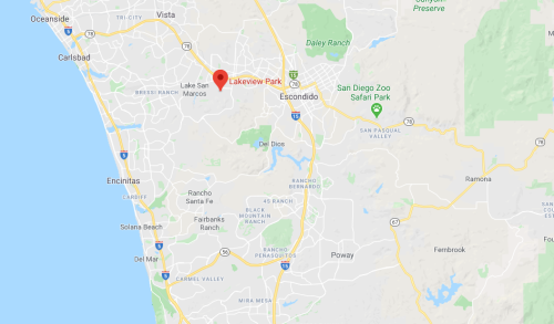 Map showing Lakeview Park in San Marcos, California, near Escondido and the San Diego Zoo Safari Park.