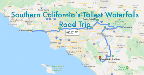 Map showing a road trip route to Southern California's tallest waterfalls, including Escondido Falls and Tenaja Falls.
