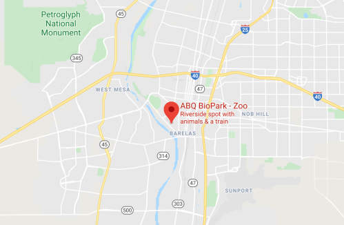 Map showing the location of ABQ BioPark Zoo, near Riverside, with nearby roads and landmarks.
