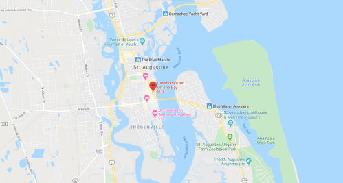 Map of St. Augustine, Florida, highlighting locations like the Casablanca Inn and nearby attractions.