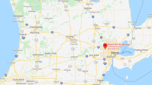 Map showing southeastern Michigan with a marker for Basement Burger Bar near Detroit.